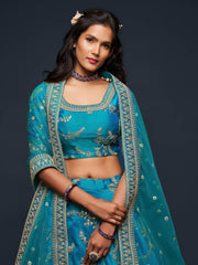 Teal Blue Thread Embroidery Art Silk Wedding Wear Lehenga Choli