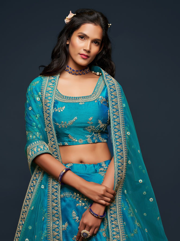 Fantastic Blue Embroidered Silk Function Wear Plus Size Lehenga Choli