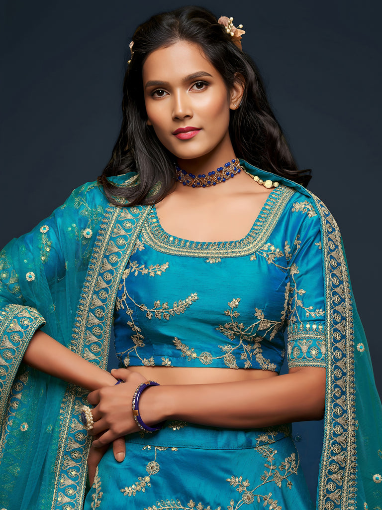Teal Blue Thread Embroidery Art Silk Wedding Wear Lehenga Choli