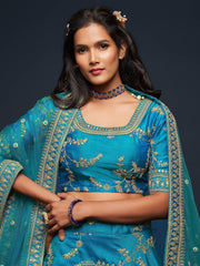 Teal Blue Thread Embroidery Art Silk Wedding Wear Lehenga Choli