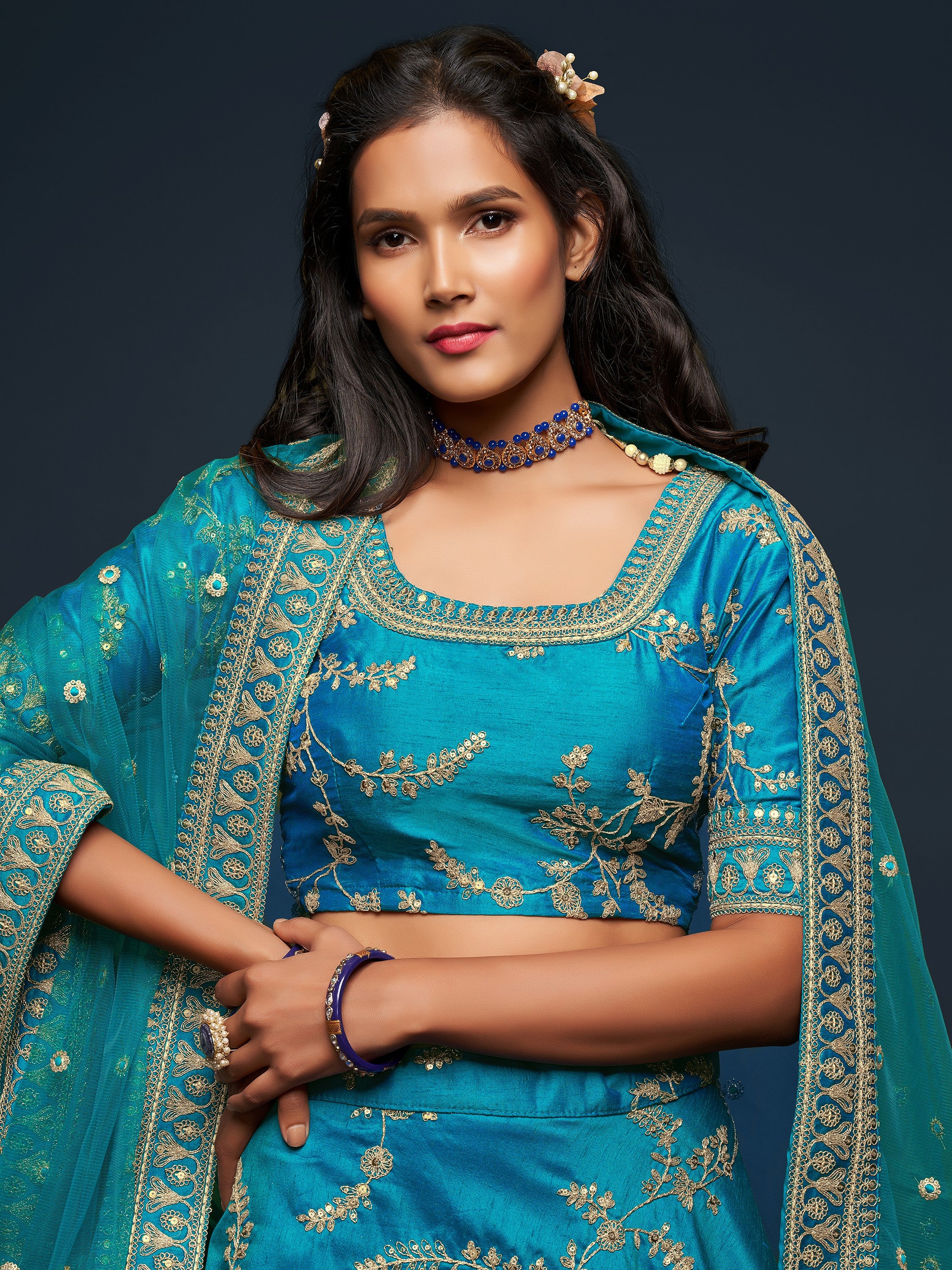 Fantastic Blue Embroidered Silk Function Wear Plus Size Lehenga Choli
