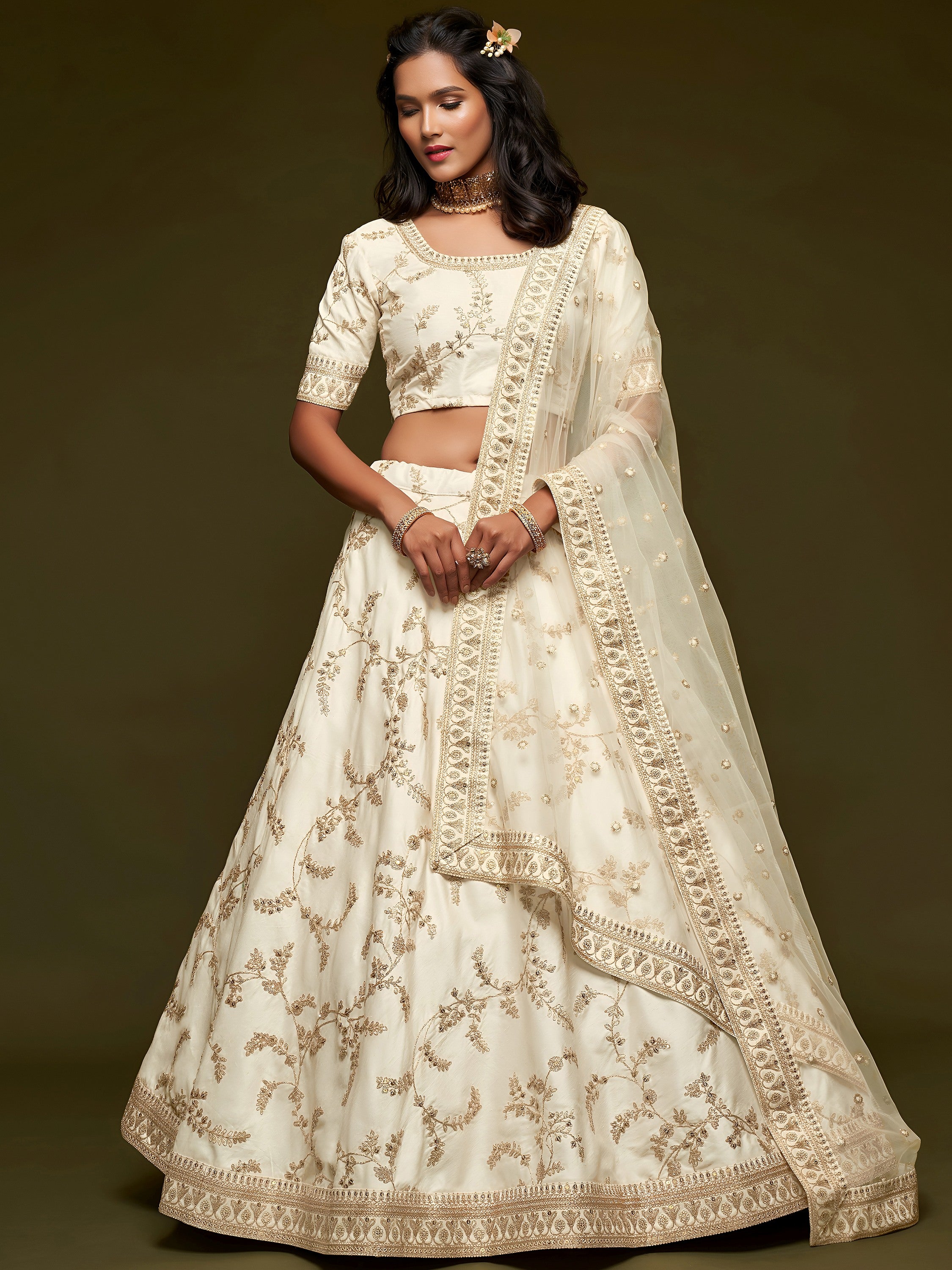 White Thread Embroidery Art Silk Wedding Wear Lehenga Choli