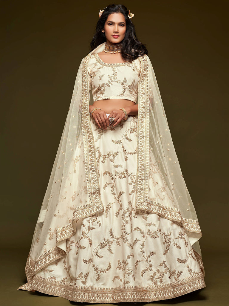Great Off-White Embroidered Silk Festive Wear Plus Size Lehenga Choli