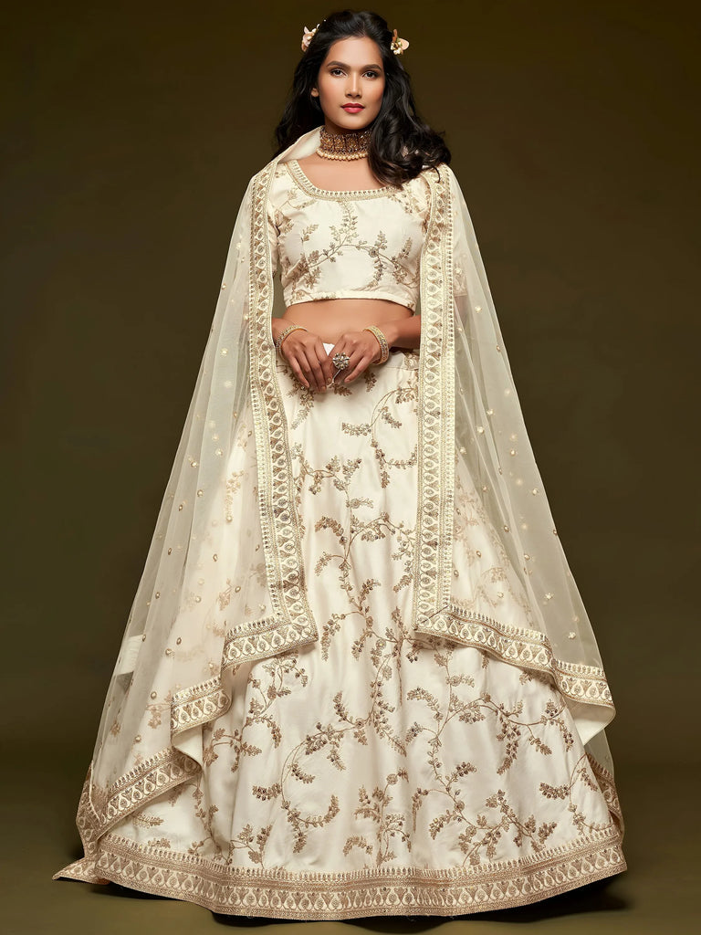 White Thread Embroidery Art Silk Wedding Wear Lehenga Choli
