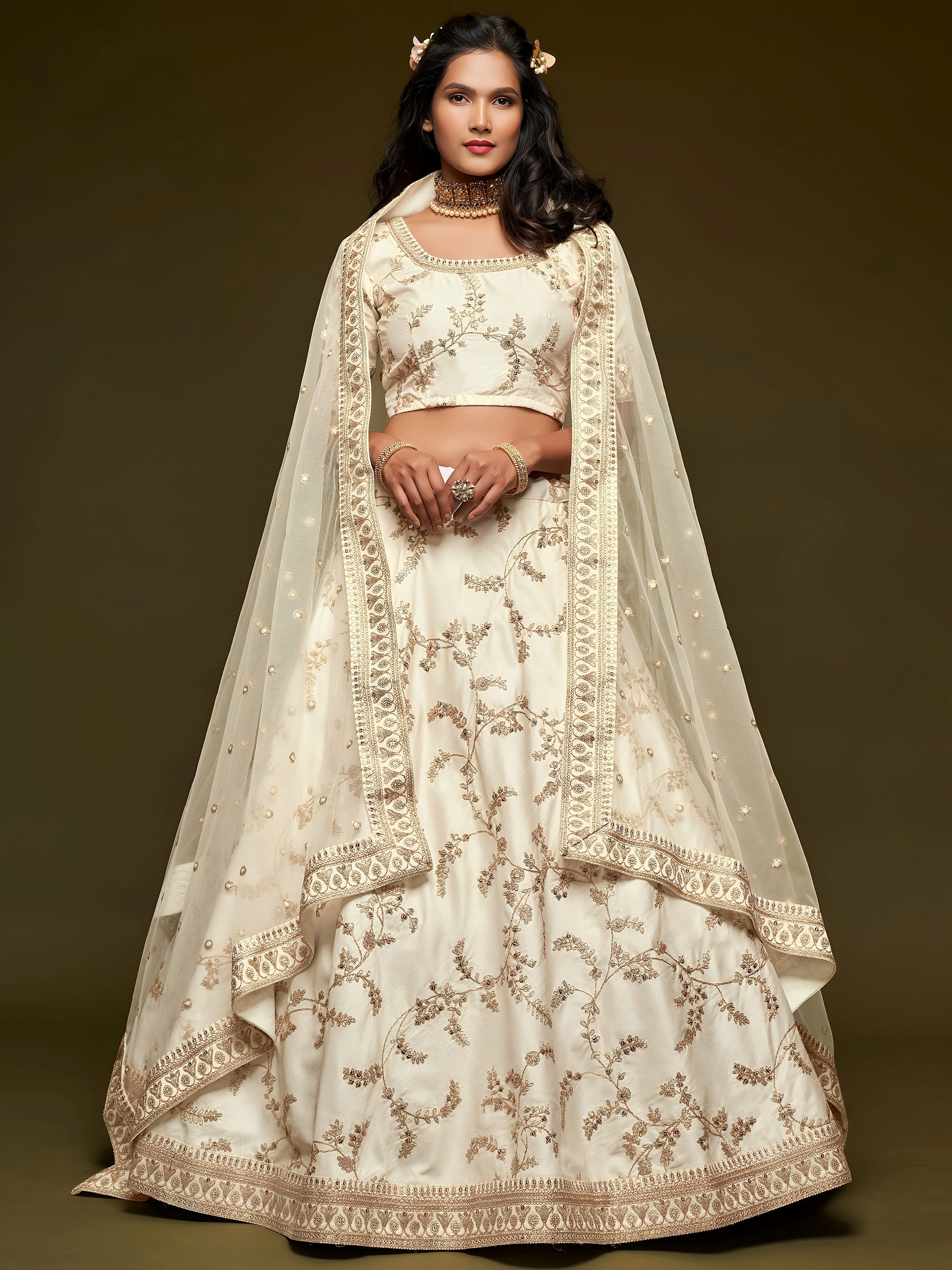 White Thread Embroidery Art Silk Wedding Wear Lehenga Choli