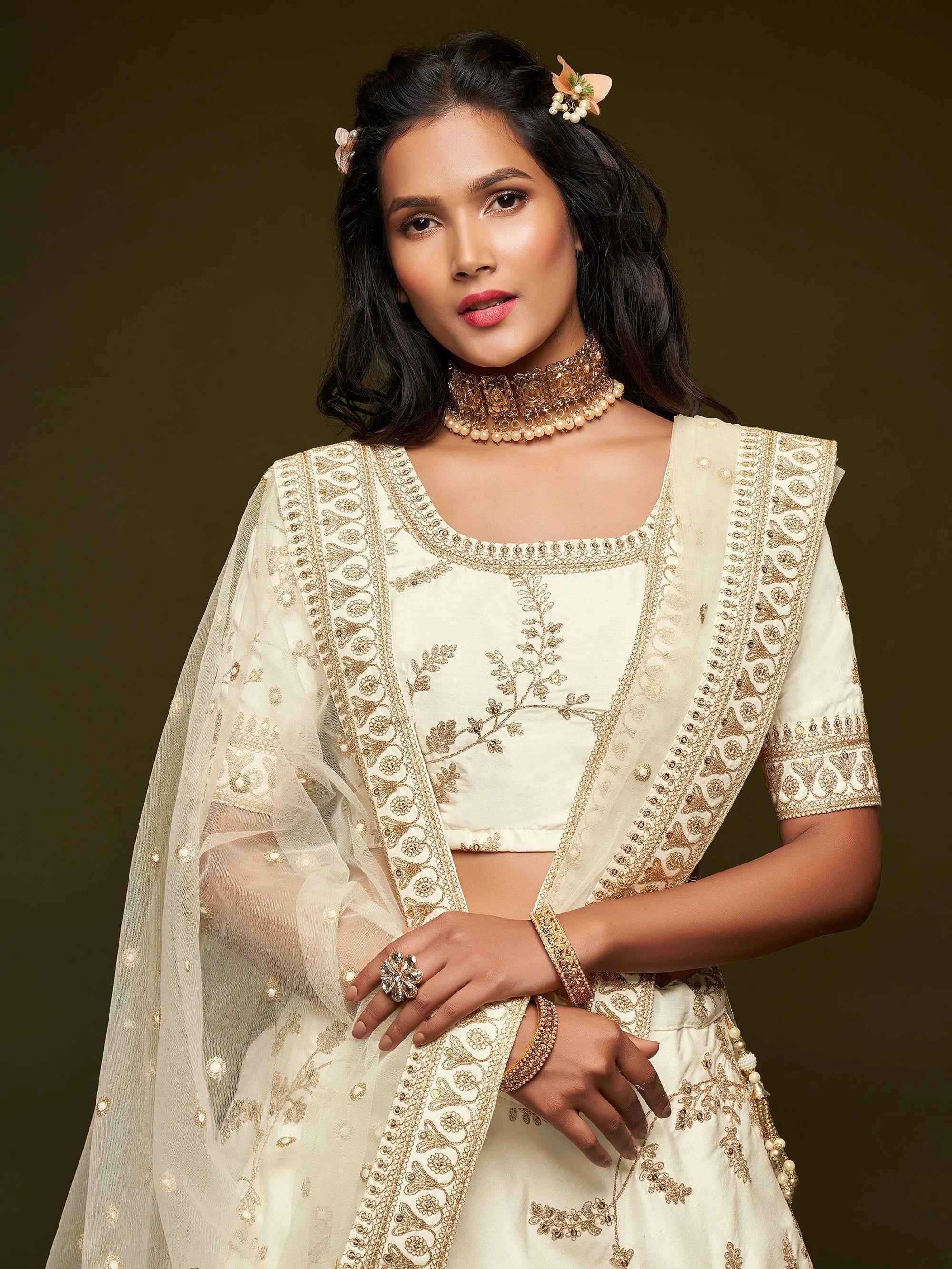 Great Off-White Embroidered Silk Festive Wear Plus Size Lehenga Choli