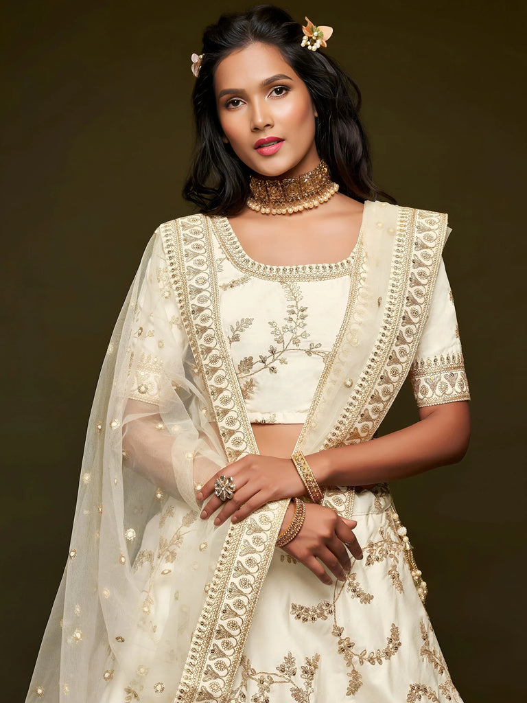 White Thread Embroidery Art Silk Wedding Wear Lehenga Choli