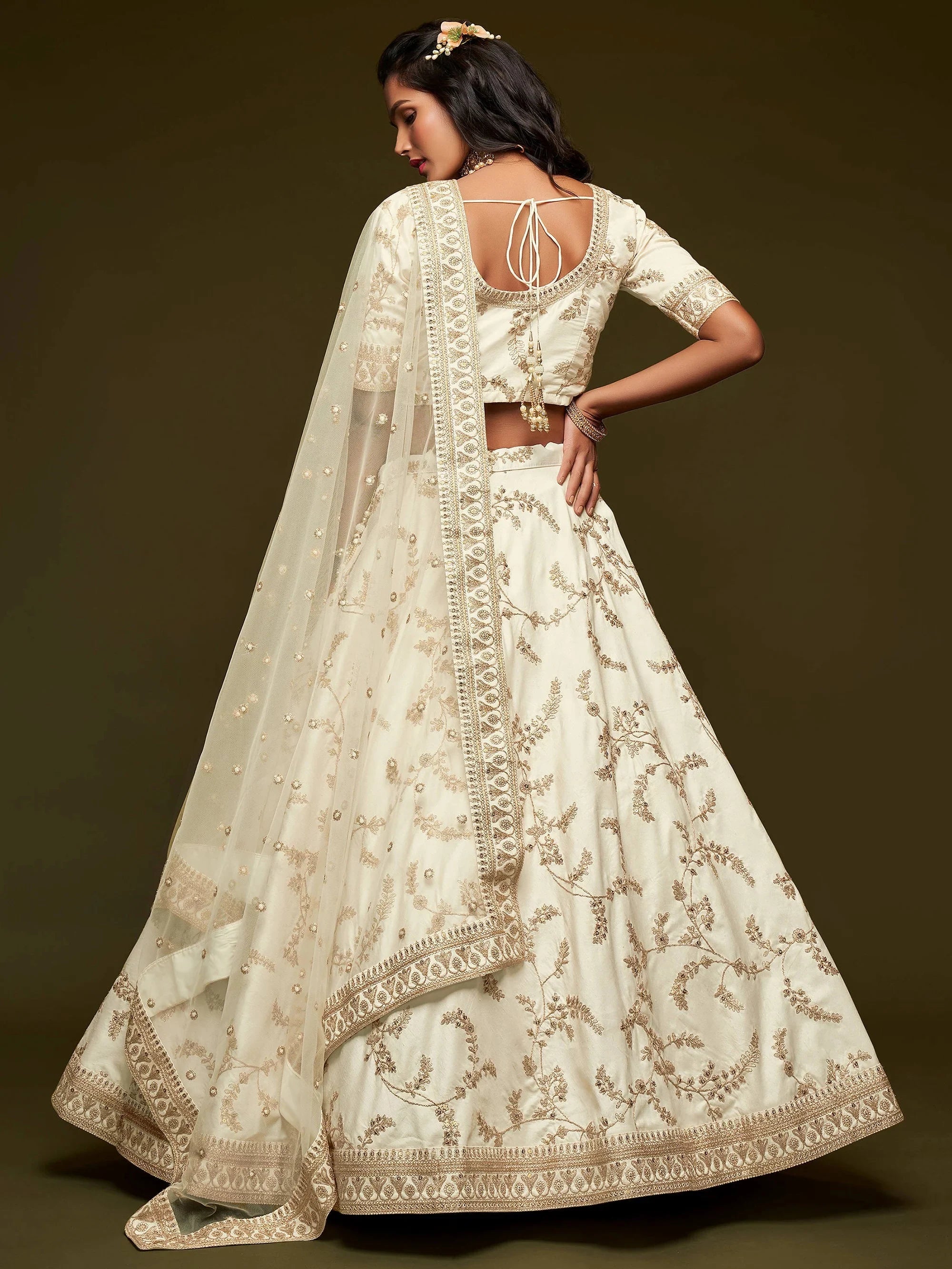 Great Off-White Embroidered Silk Festive Wear Plus Size Lehenga Choli