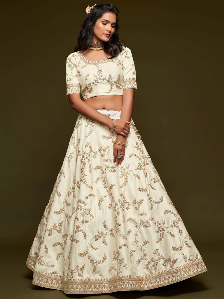 Great Off-White Embroidered Silk Festive Wear Plus Size Lehenga Choli
