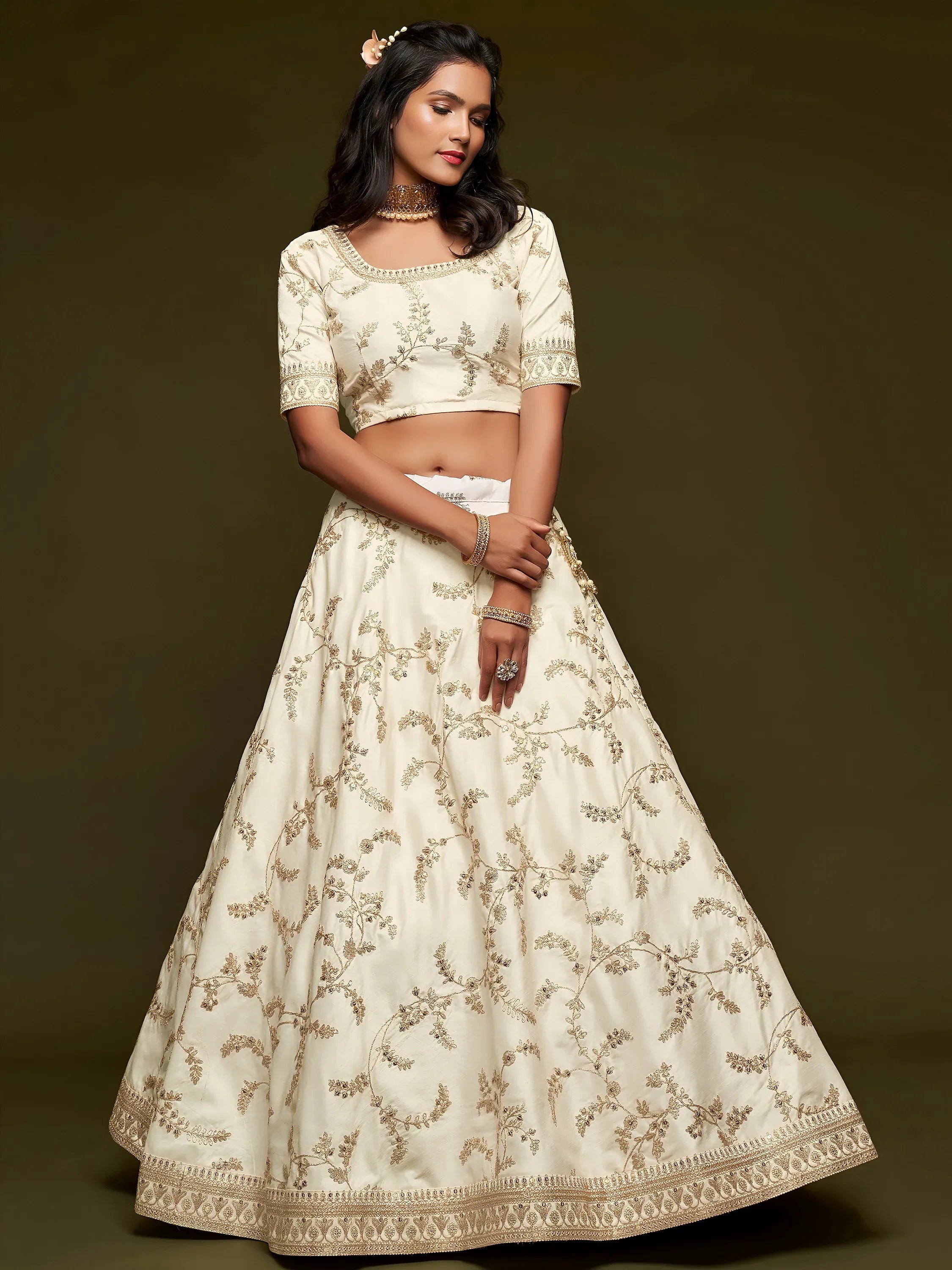White Thread Embroidery Art Silk Wedding Wear Lehenga Choli