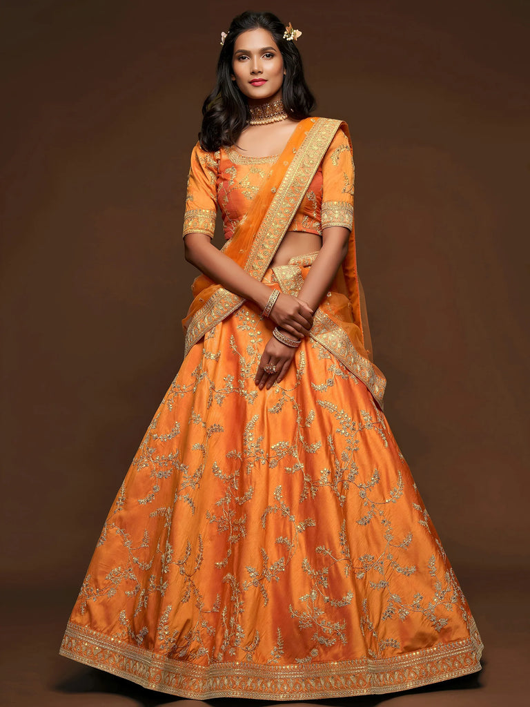 Orange Thread Embroidery Art Silk Wedding Wear Lehenga Choli