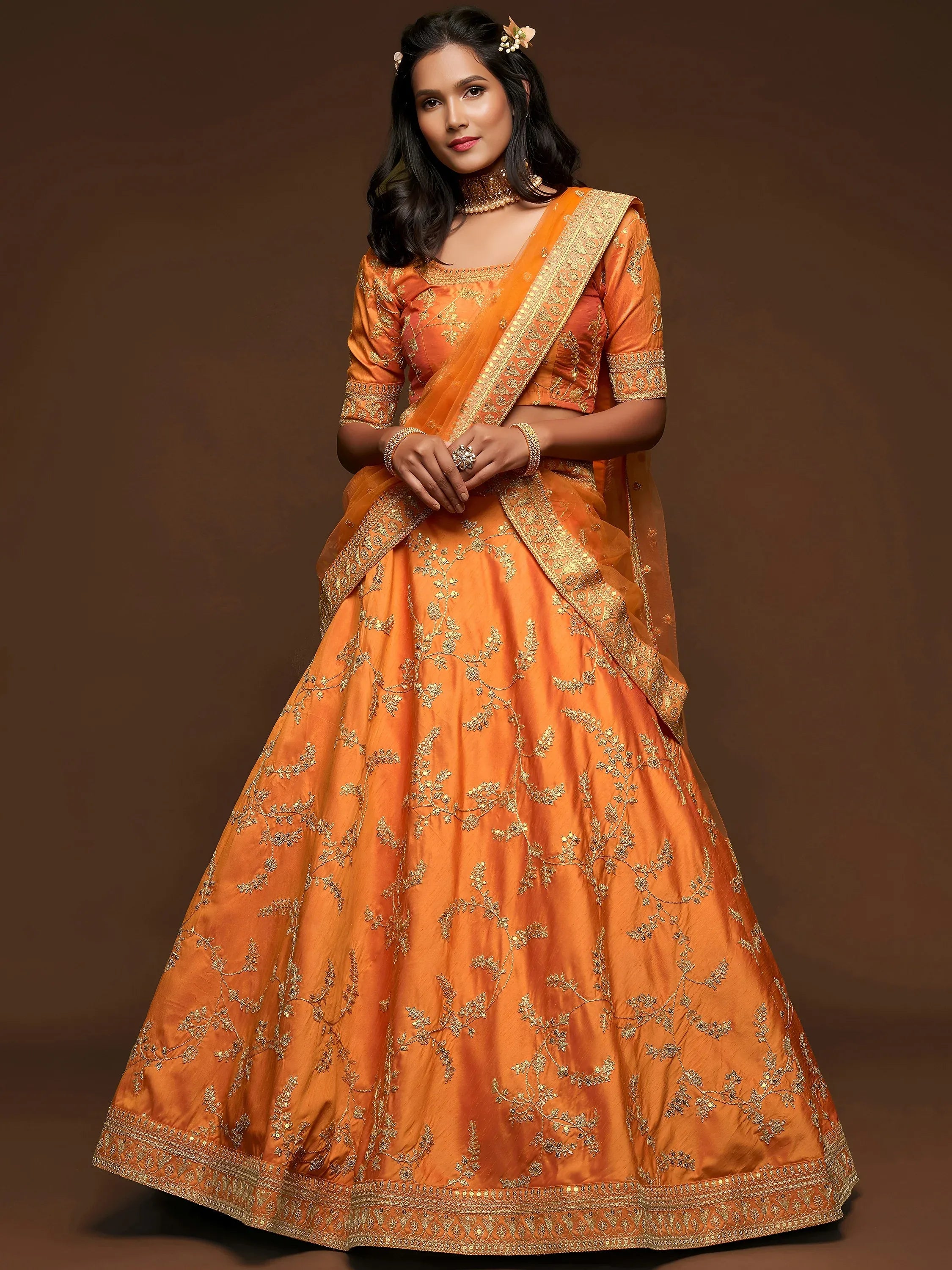 Orange Thread Embroidery Art Silk Wedding Wear Lehenga Choli