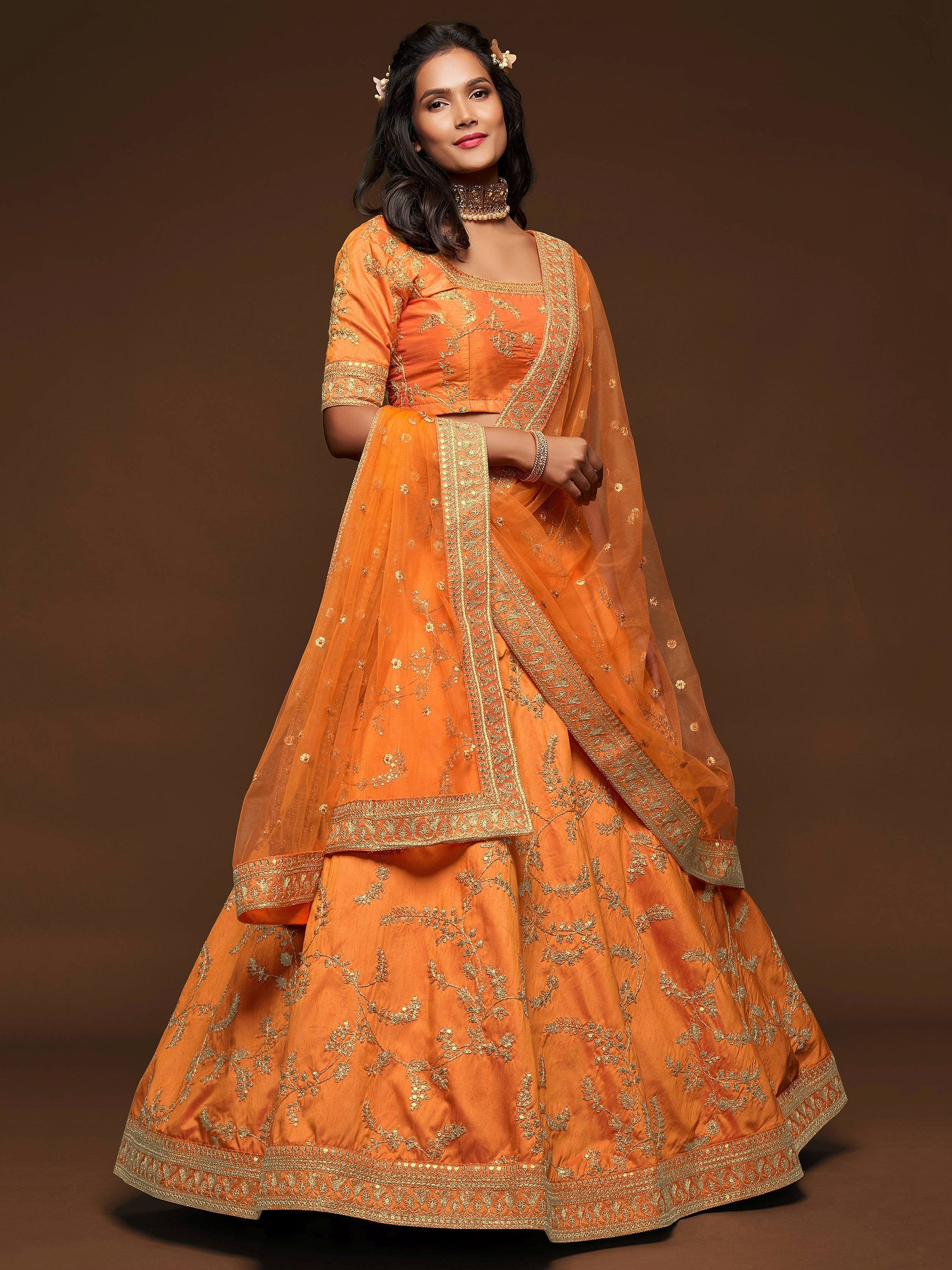 Fantastic Orange Embroidered Silk Designer Plus Size Lehenga Choli