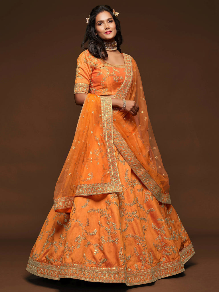 Fantastic Orange Embroidered Silk Designer Plus Size Lehenga Choli