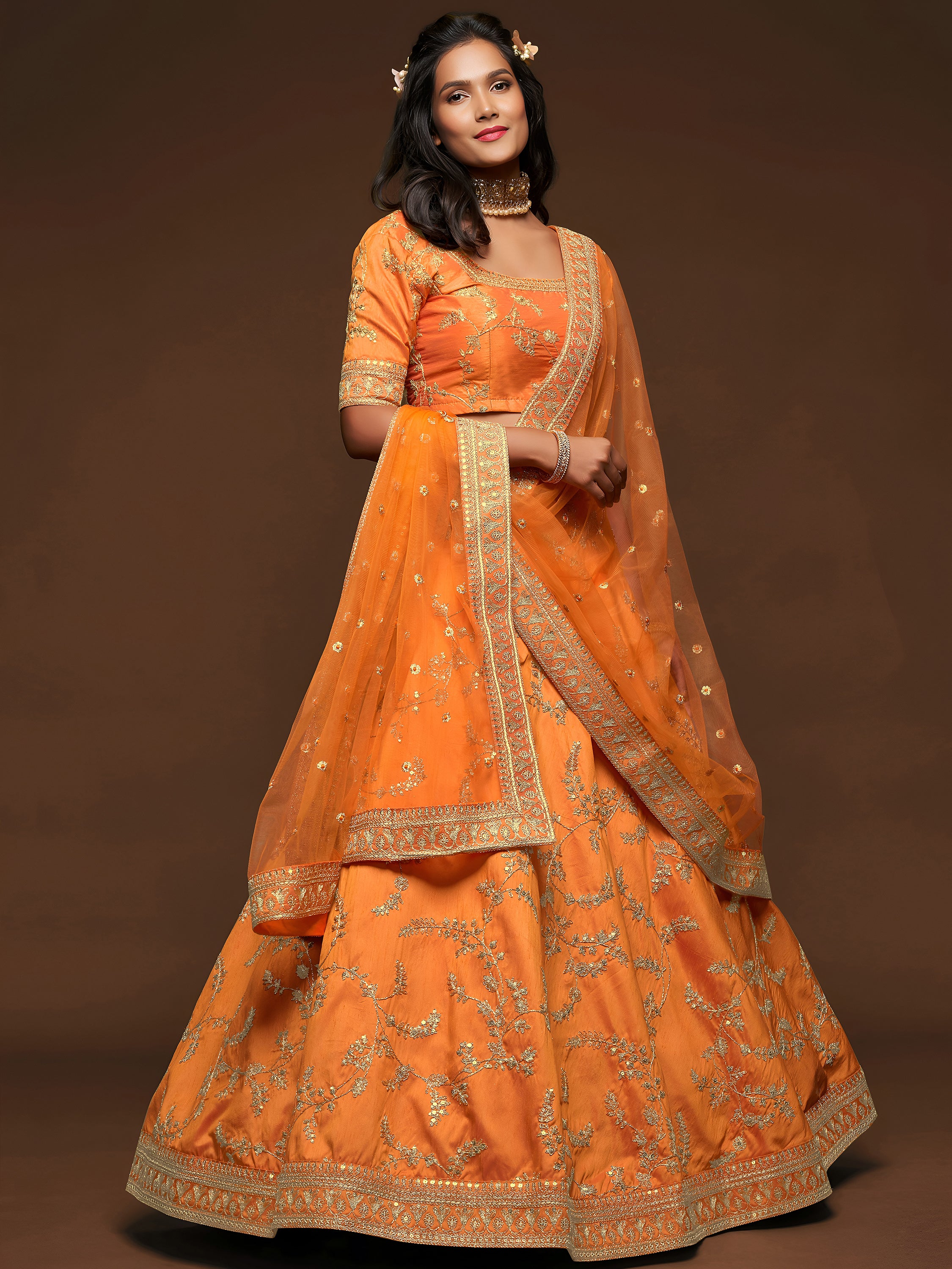 Orange Thread Embroidery Art Silk Wedding Wear Lehenga Choli