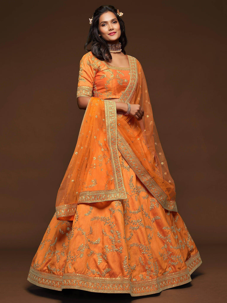 Orange Thread Embroidery Art Silk Wedding Wear Lehenga Choli