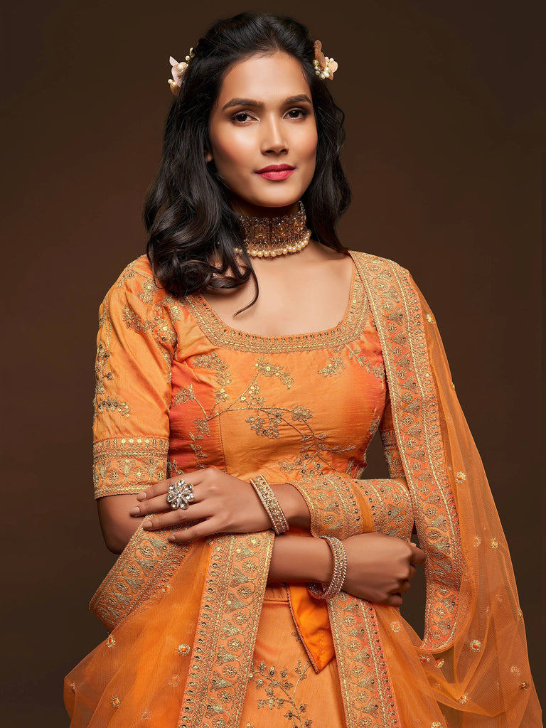 Fantastic Orange Embroidered Silk Designer Plus Size Lehenga Choli