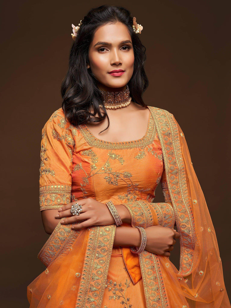 Orange Thread Embroidery Art Silk Wedding Wear Lehenga Choli