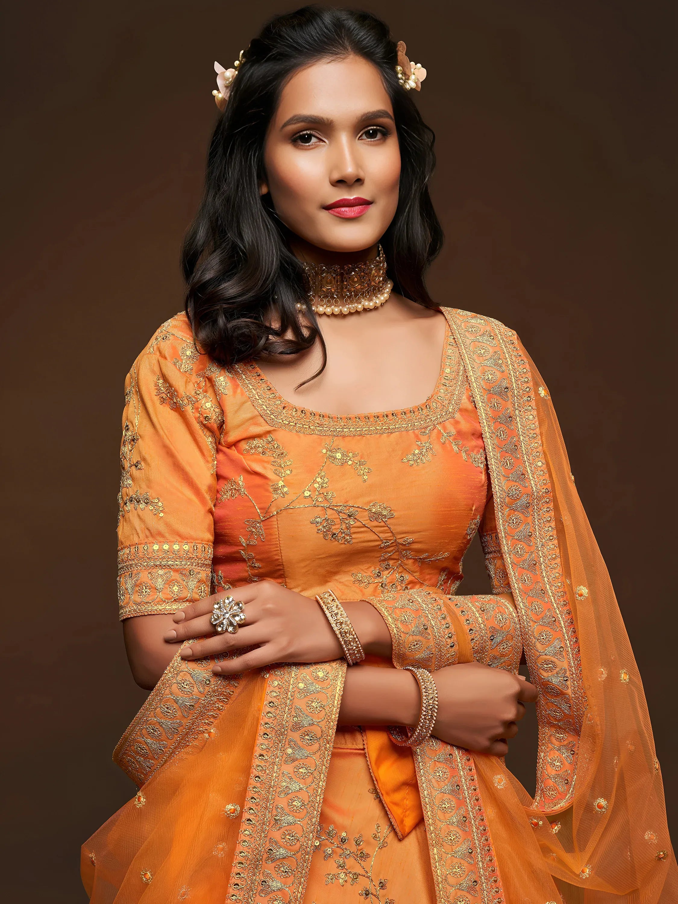 Orange Thread Embroidery Art Silk Wedding Wear Lehenga Choli