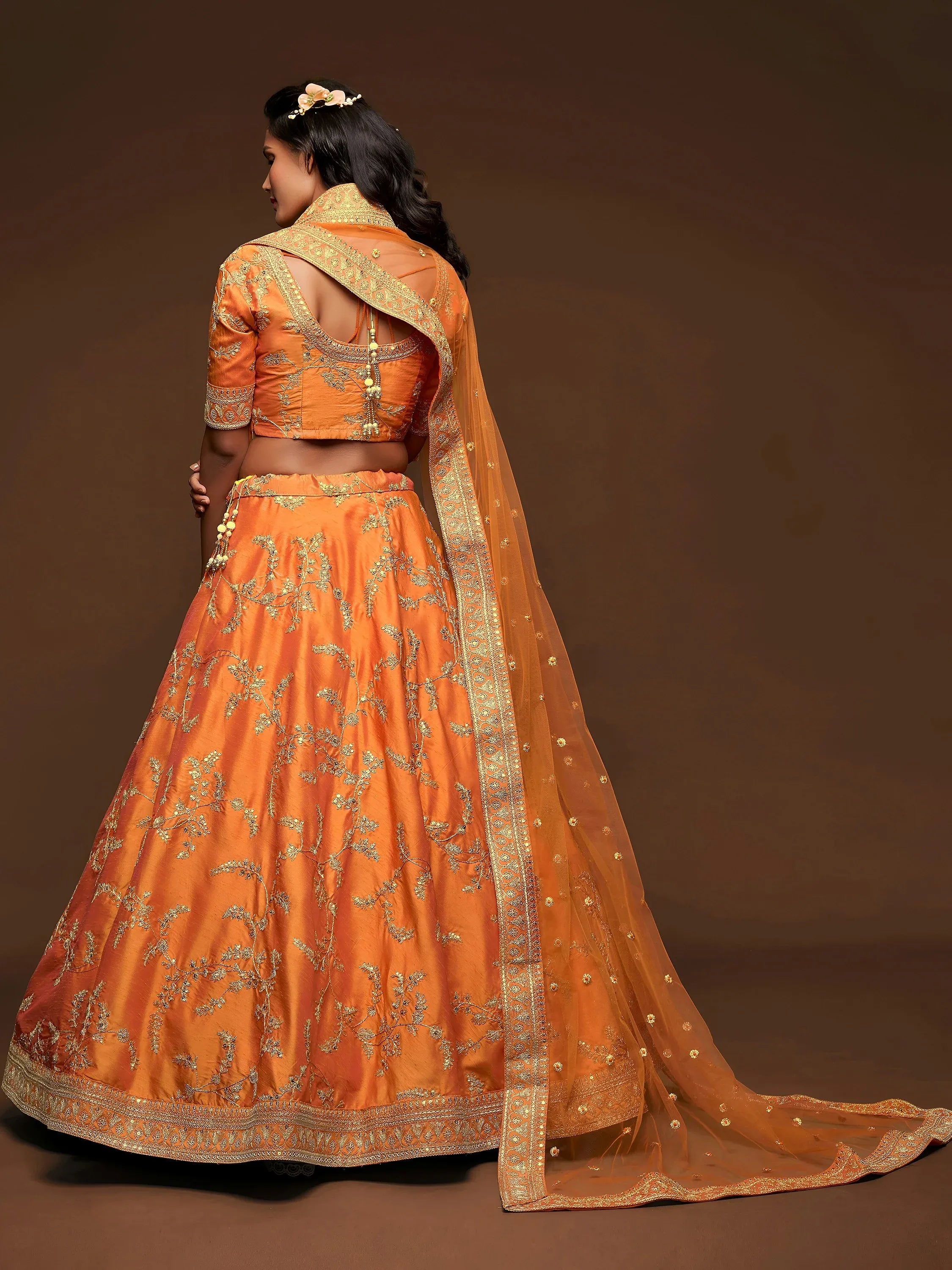 Orange Thread Embroidery Art Silk Wedding Wear Lehenga Choli