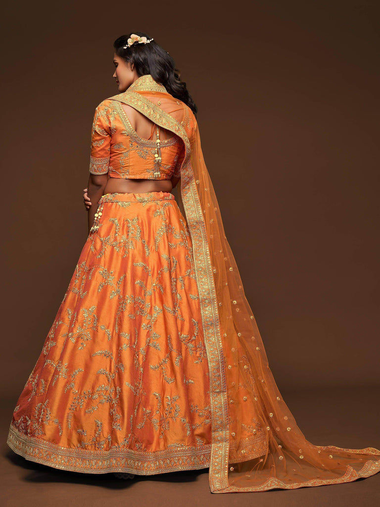 Orange Thread Embroidery Art Silk Wedding Wear Lehenga Choli