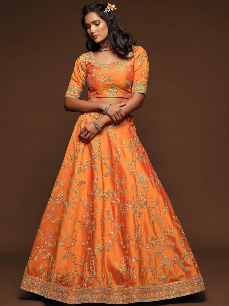 Orange Thread Embroidery Art Silk Wedding Wear Lehenga Choli