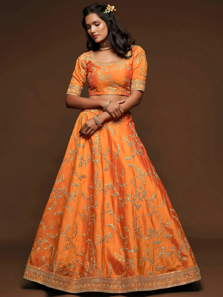 Orange Thread Embroidery Art Silk Wedding Wear Lehenga Choli