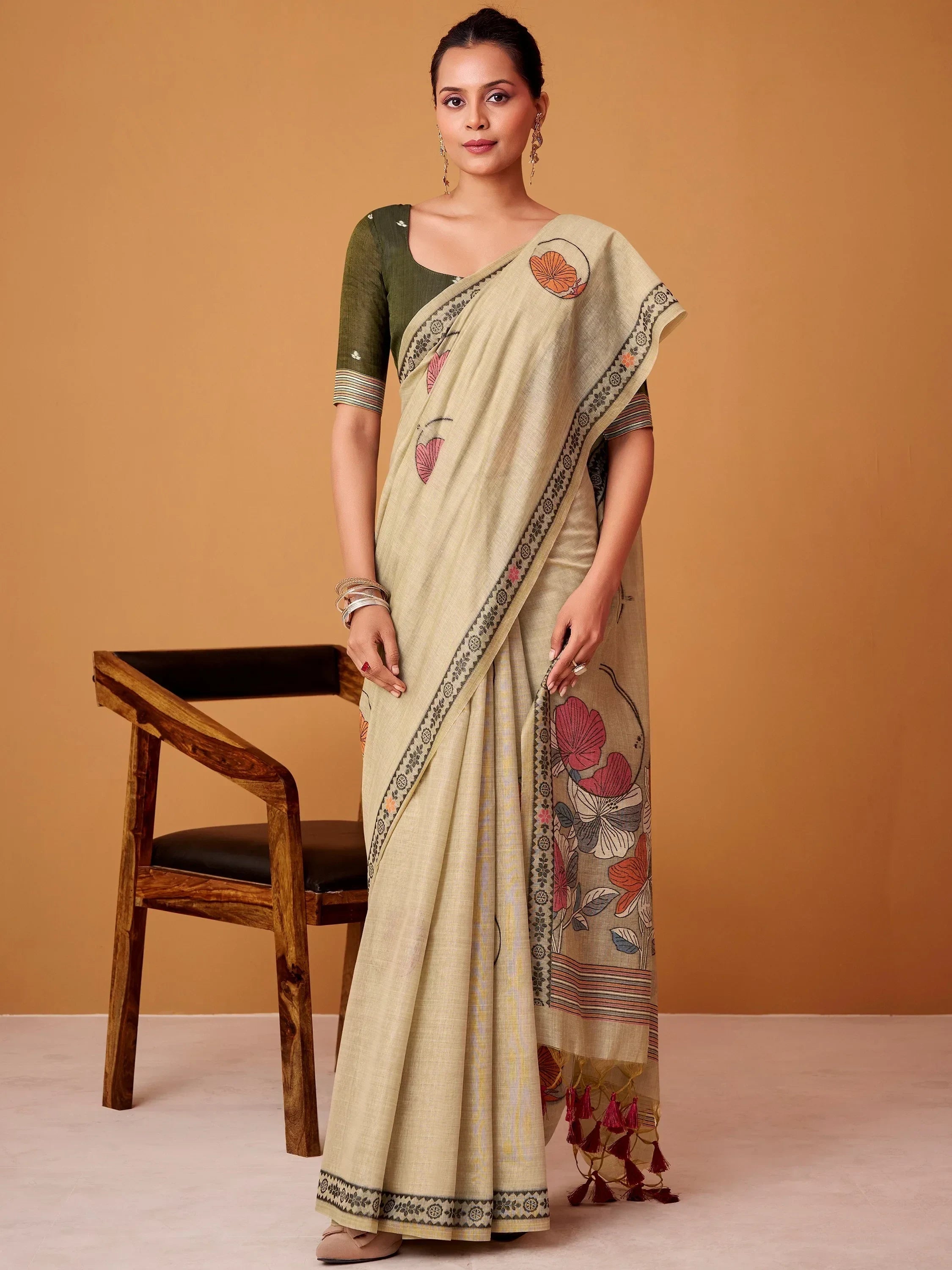 Stunning Beige Floral Printed Cotton Office Wear Saree With Blouse
