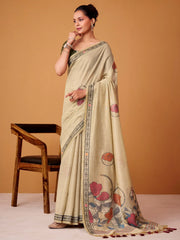 Stunning Beige Floral Printed Cotton Office Wear Saree With Blouse