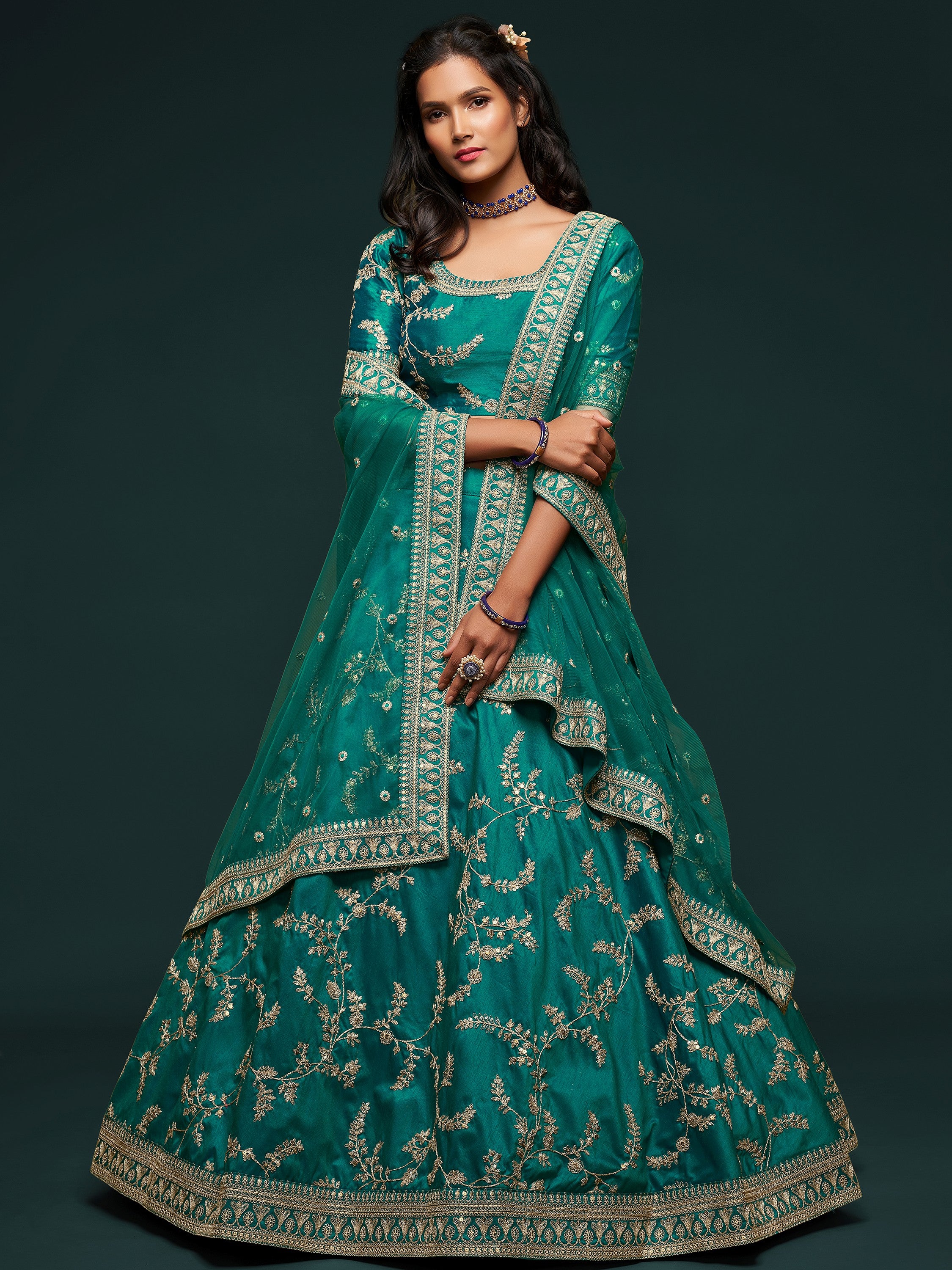 Fabulous Green Embroidered Silk Engagement Wear Plus Size Lehenga Choli