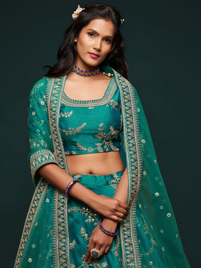 Fabulous Green Embroidered Silk Engagement Wear Plus Size Lehenga Choli