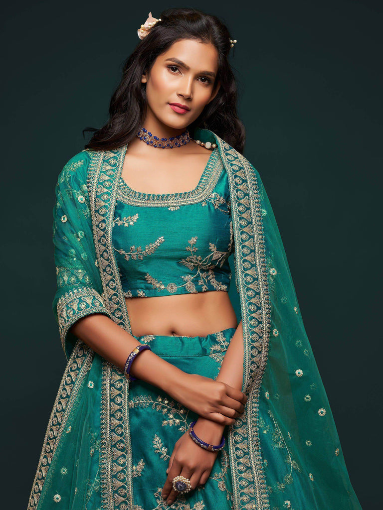 Green Thread Embroidery Art Silk Wedding Wear Lehenga Choli