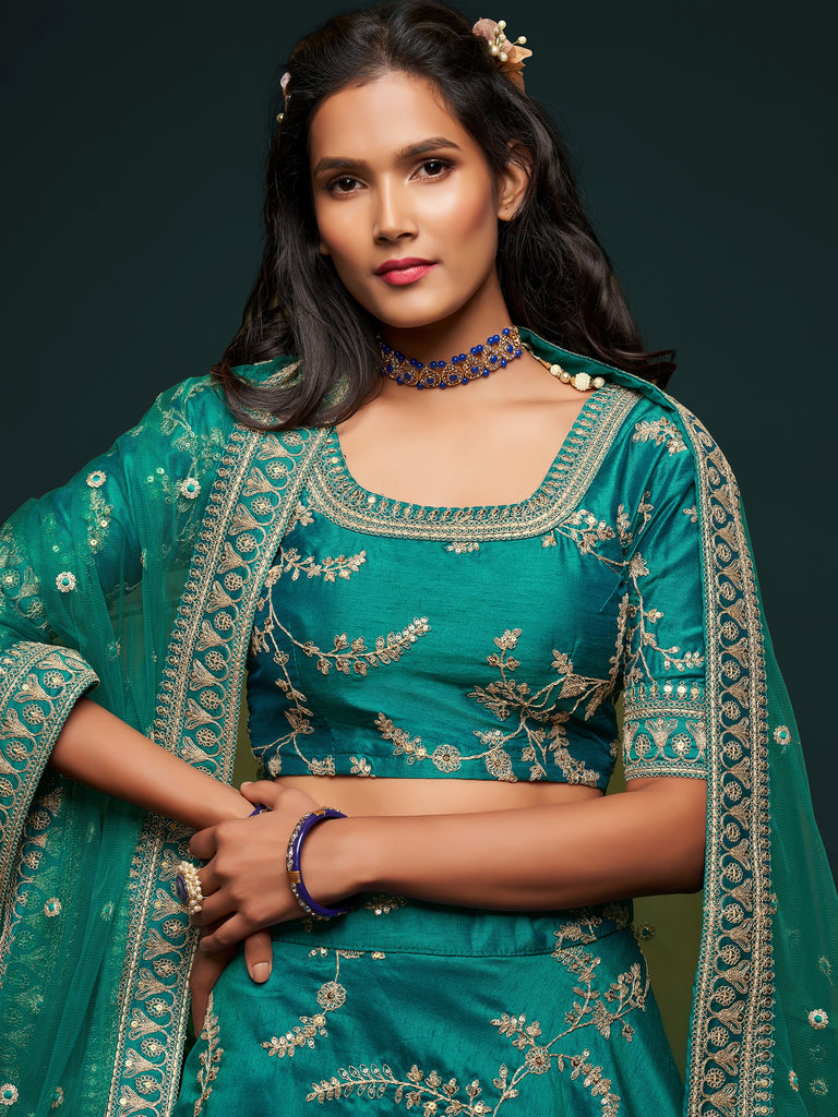 Fabulous Green Embroidered Silk Engagement Wear Plus Size Lehenga Choli