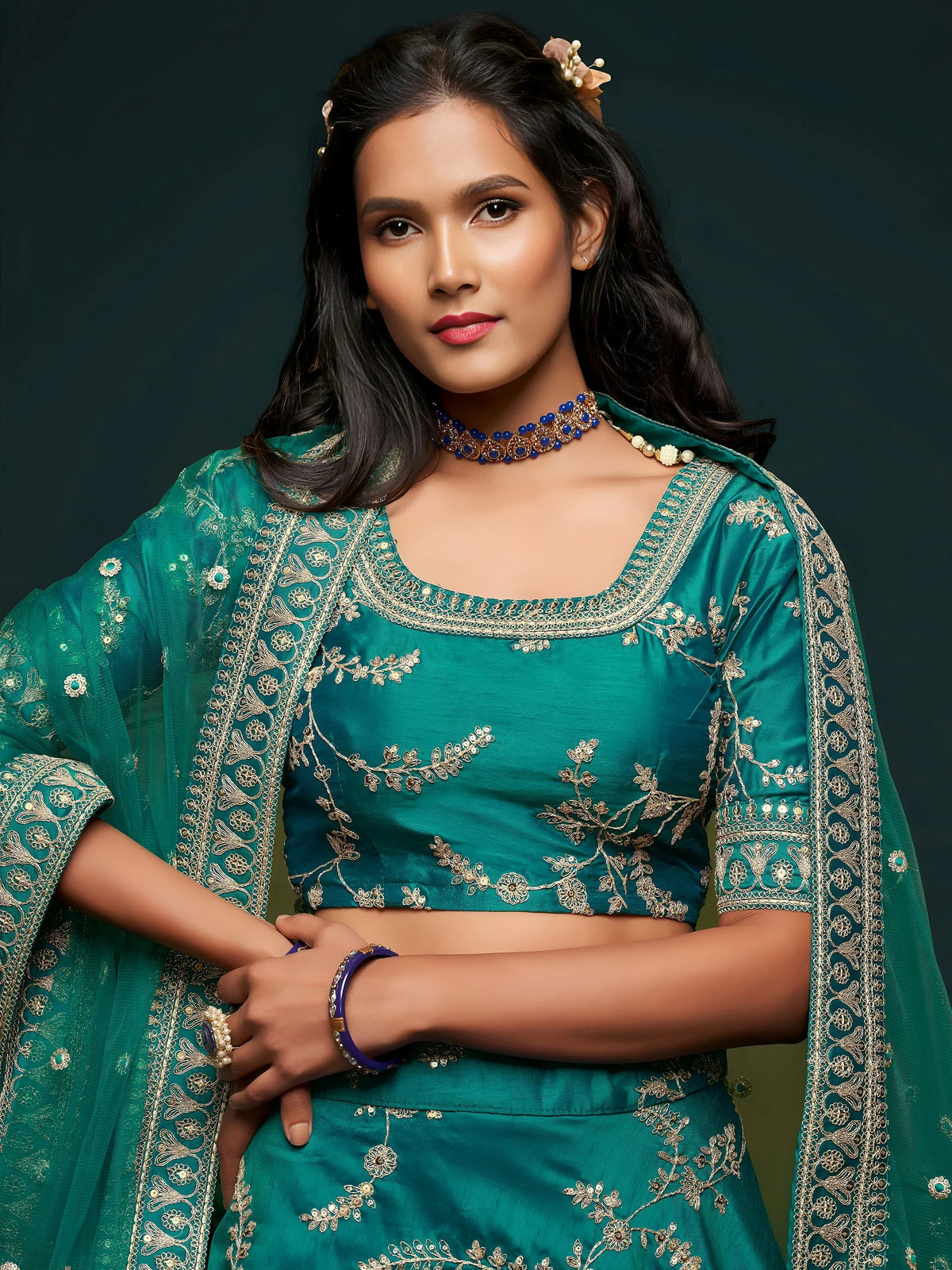 Green Thread Embroidery Art Silk Wedding Wear Lehenga Choli