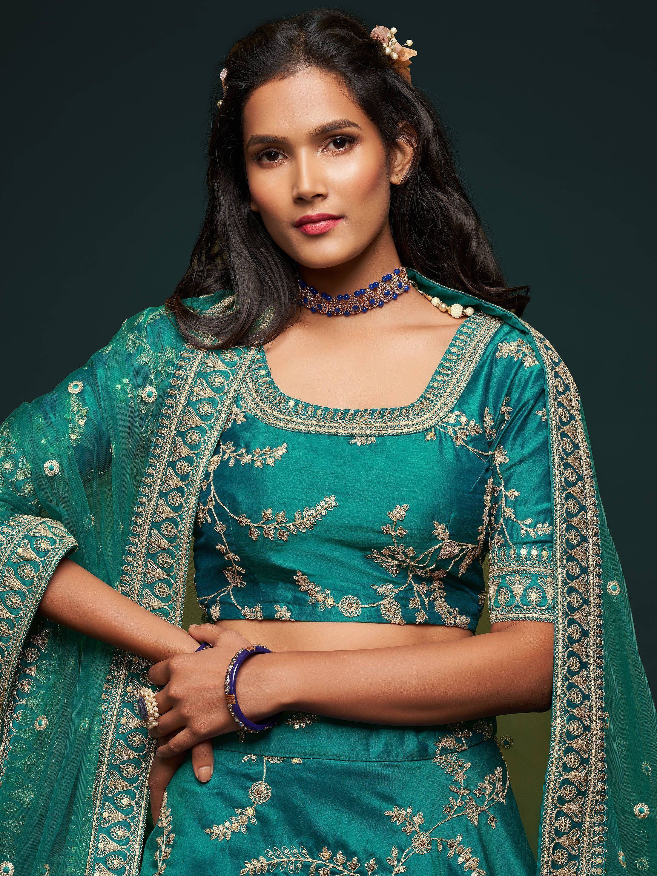 Green Thread Embroidery Art Silk Wedding Wear Lehenga Choli