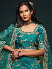 Green Thread Embroidery Art Silk Wedding Wear Lehenga Choli