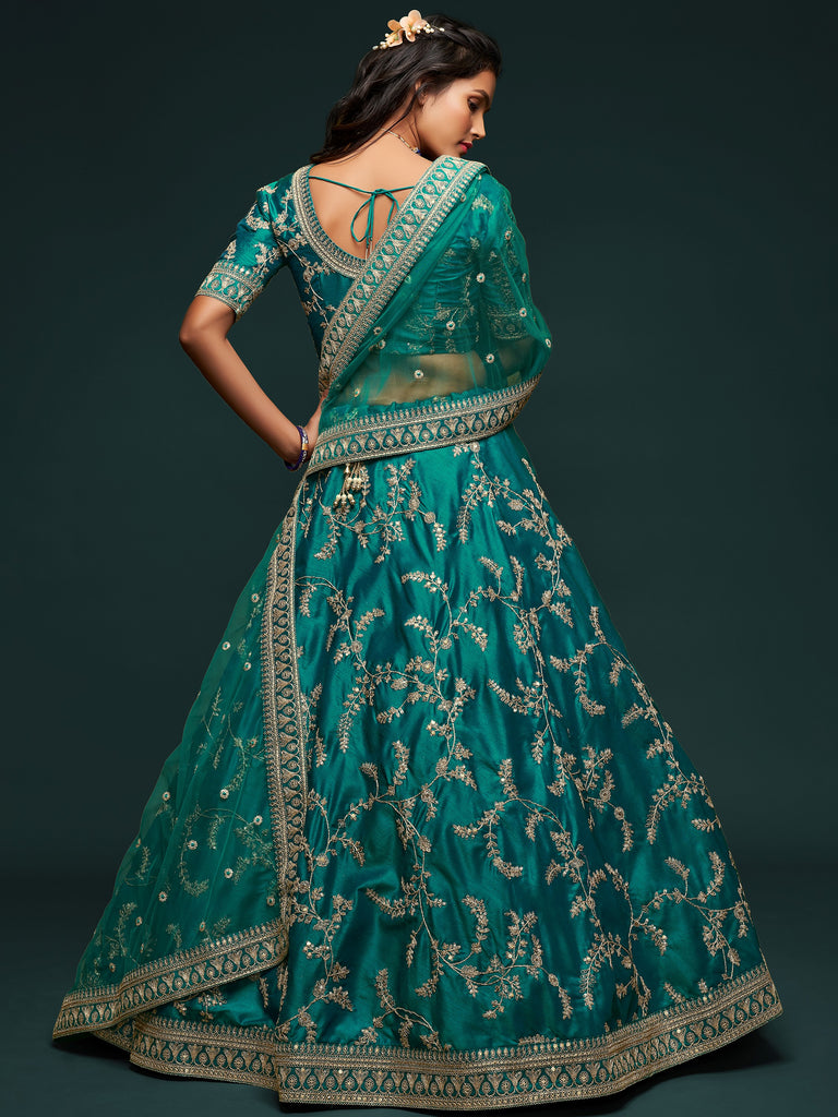 Fabulous Green Embroidered Silk Engagement Wear Plus Size Lehenga Choli