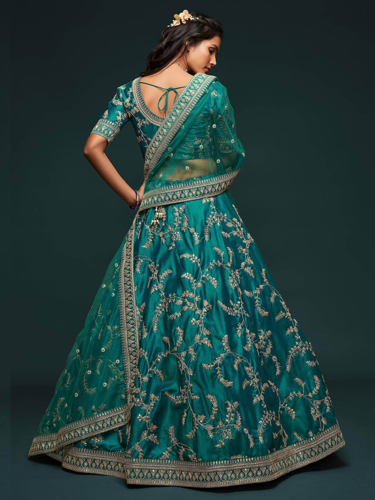 Green Thread Embroidery Art Silk Wedding Wear Lehenga Choli