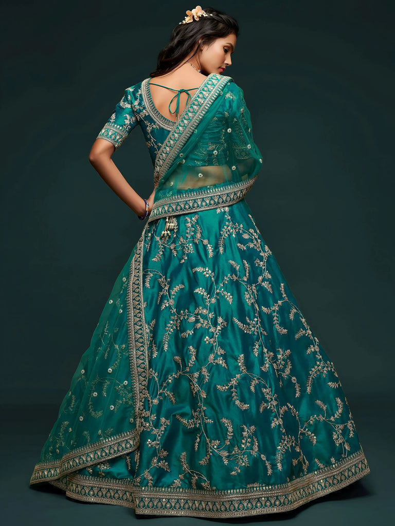 Green Thread Embroidery Art Silk Wedding Wear Lehenga Choli