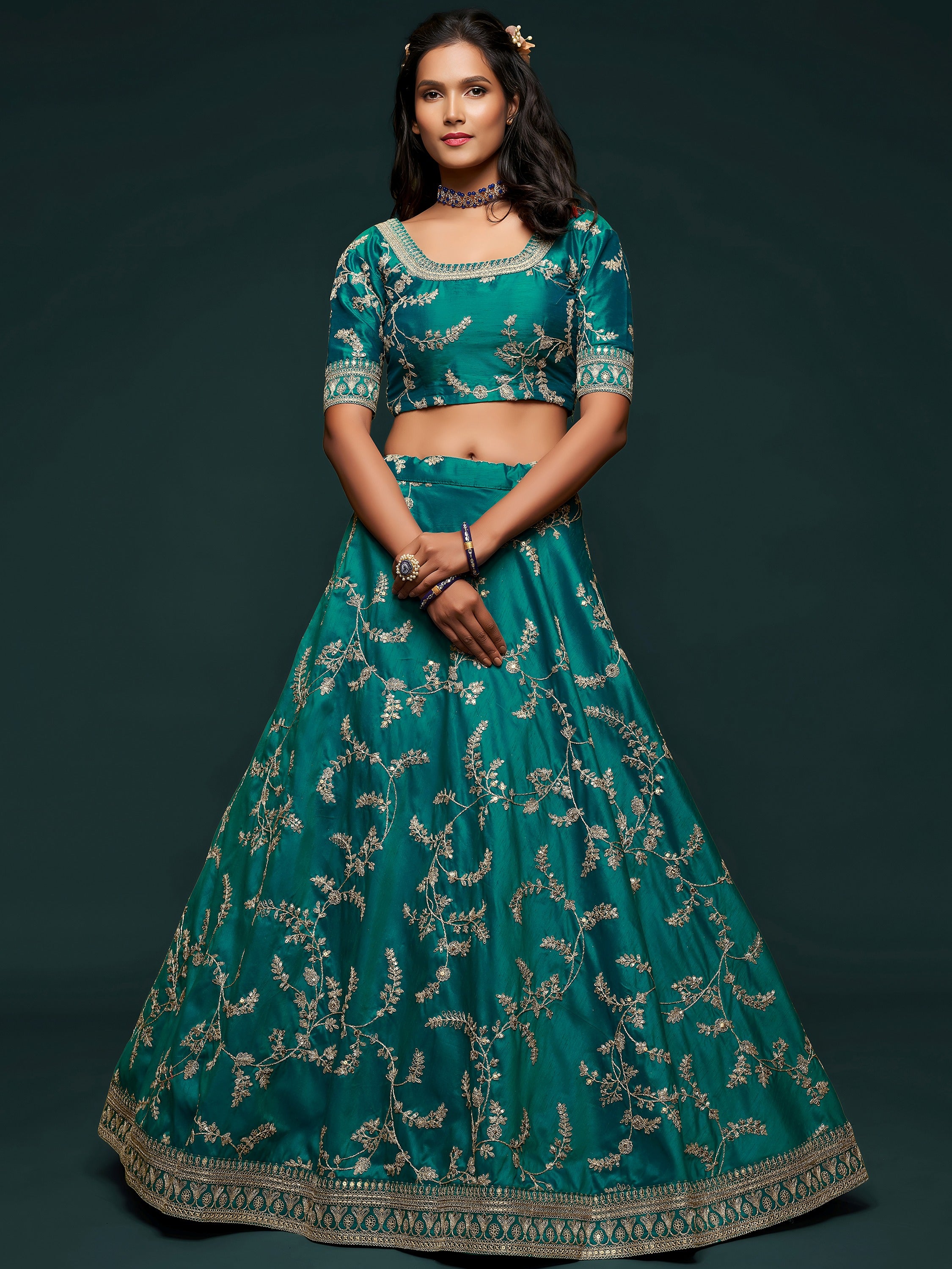 Fabulous Green Embroidered Silk Engagement Wear Plus Size Lehenga Choli