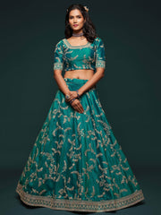 Green Thread Embroidery Art Silk Wedding Wear Lehenga Choli