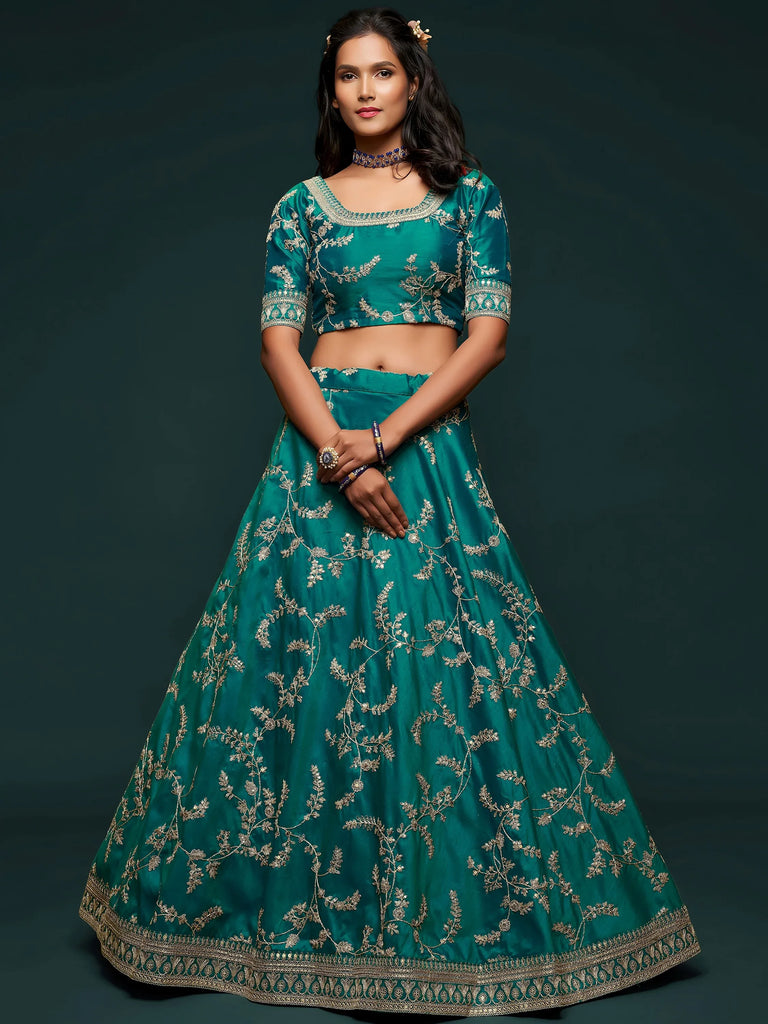 Green Thread Embroidery Art Silk Wedding Wear Lehenga Choli
