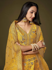 Fascinating Yellow Sequins Embroidery Slub Silk Lehenga Choli