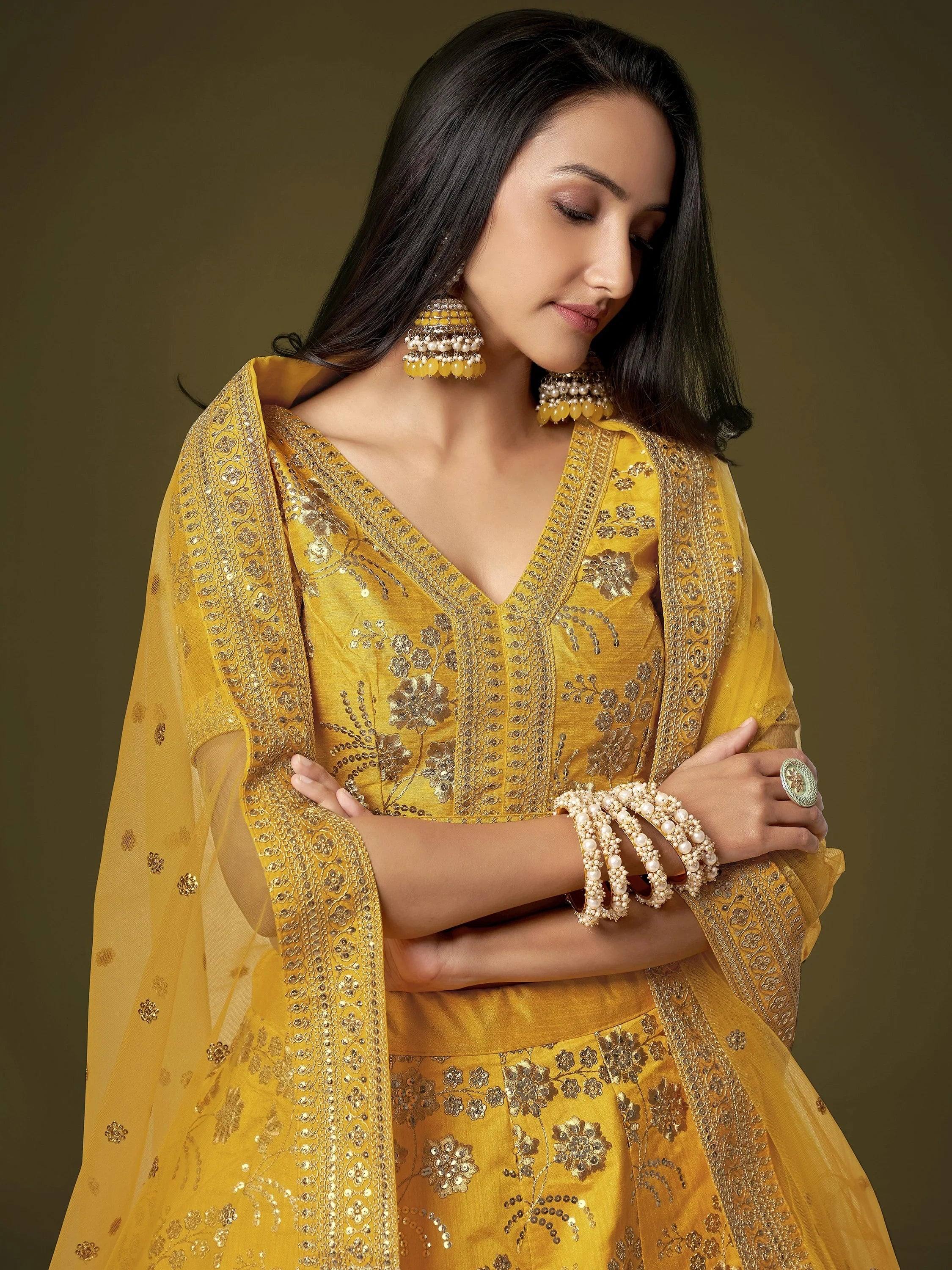 Beautiful Yellow Zari Embroidered Silk Haldi Wear Plus Size Lehenga Choli