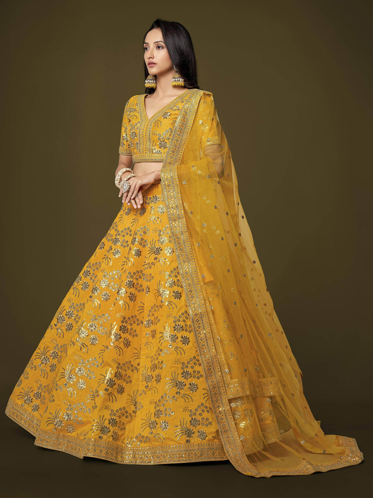 Fascinating Yellow Sequins Embroidery Slub Silk Lehenga Choli