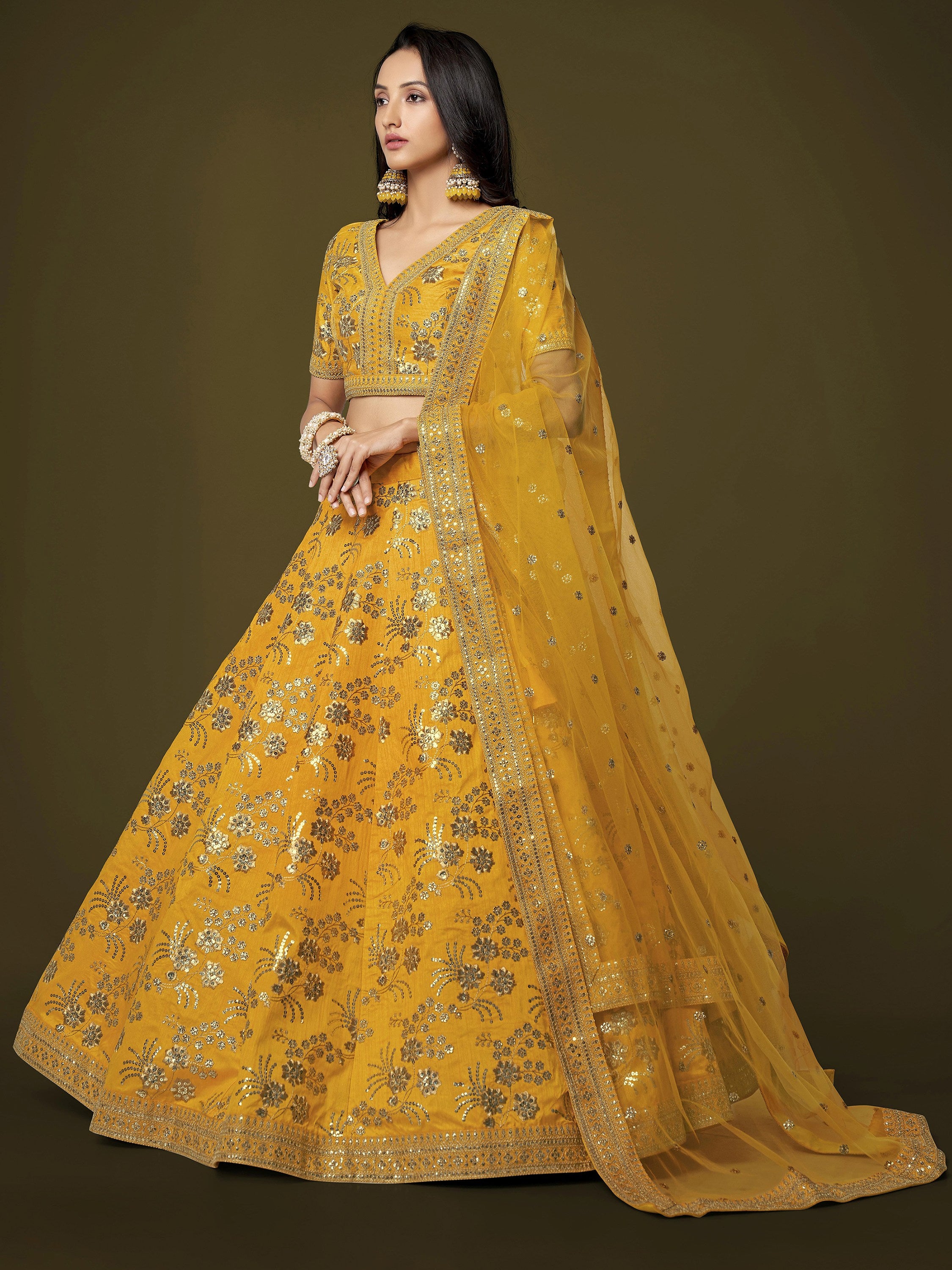 Beautiful Yellow Zari Embroidered Silk Haldi Wear Plus Size Lehenga Choli