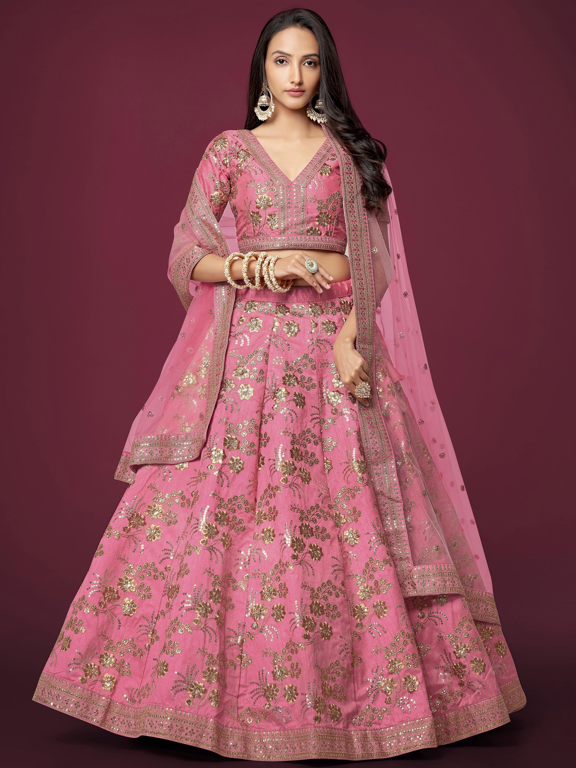 Charming Pink Sequins Silk Festival Wear Plus Size Lehenga Choli