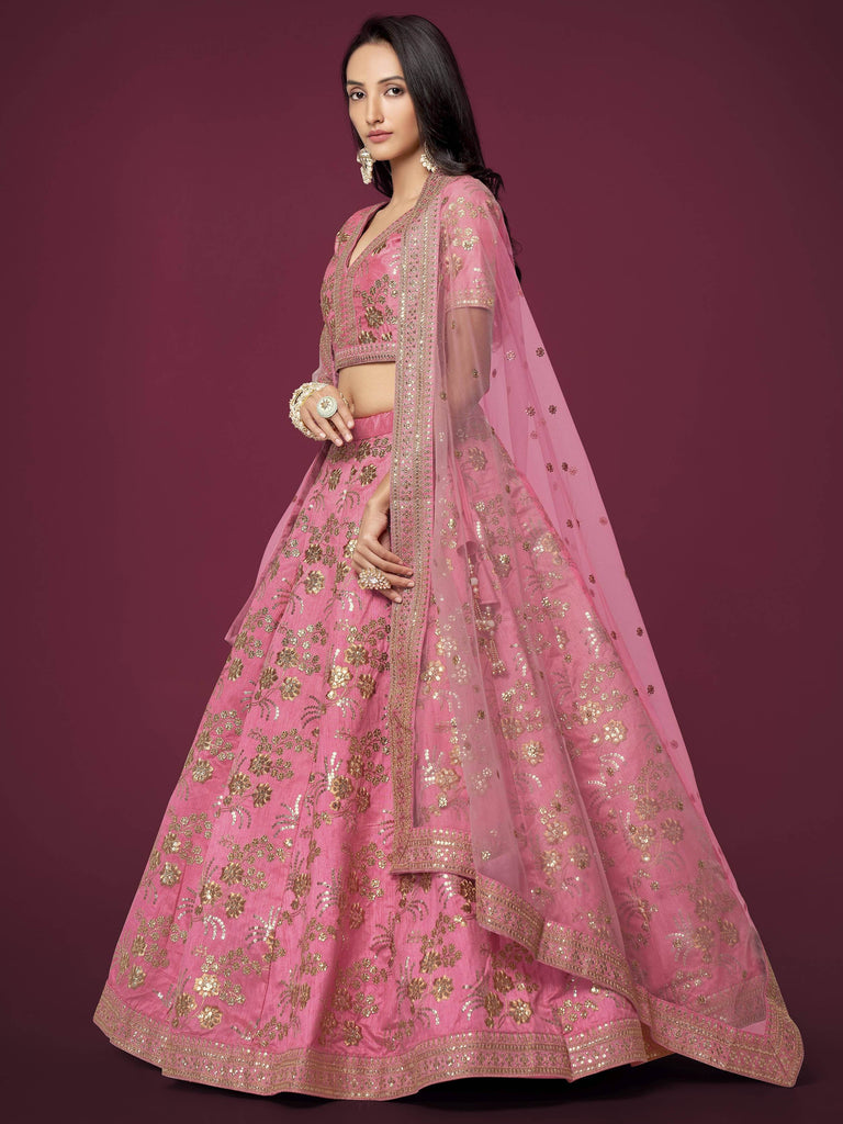 Marvelous Pink Sequins Work Slub Silk Wedding Wear Lehenga Choli