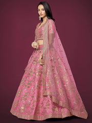 Marvelous Pink Sequins Work Slub Silk Wedding Wear Lehenga Choli