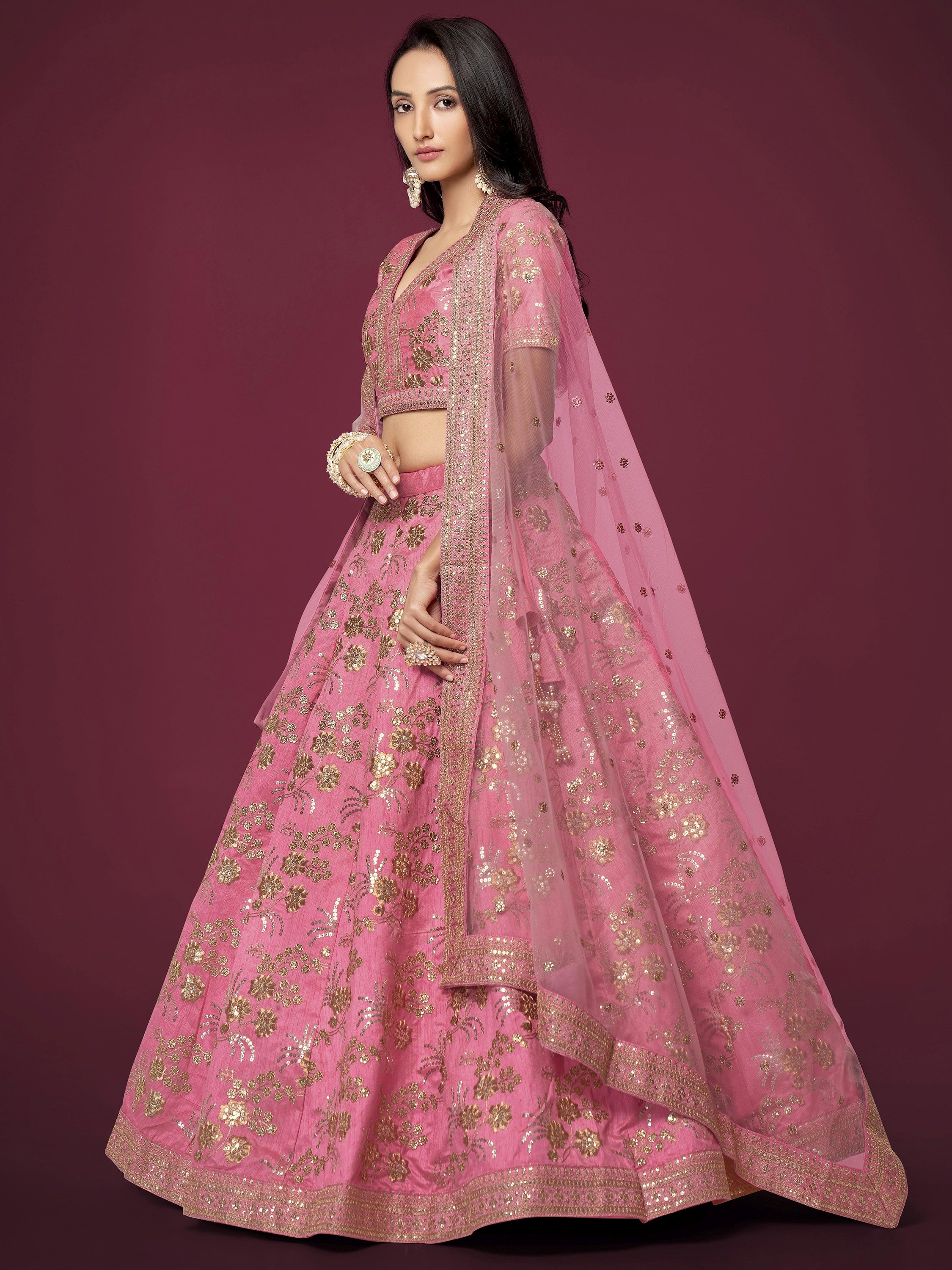 Charming Pink Sequins Silk Festival Wear Plus Size Lehenga Choli